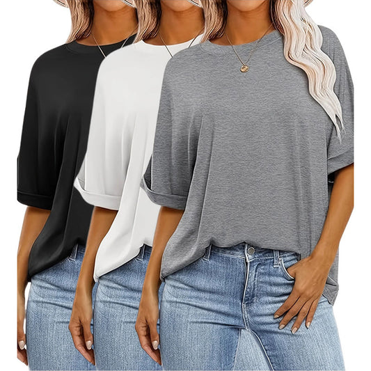 3 Pcs Women Oversized T-Shirt Short Sleeve Crew Neck