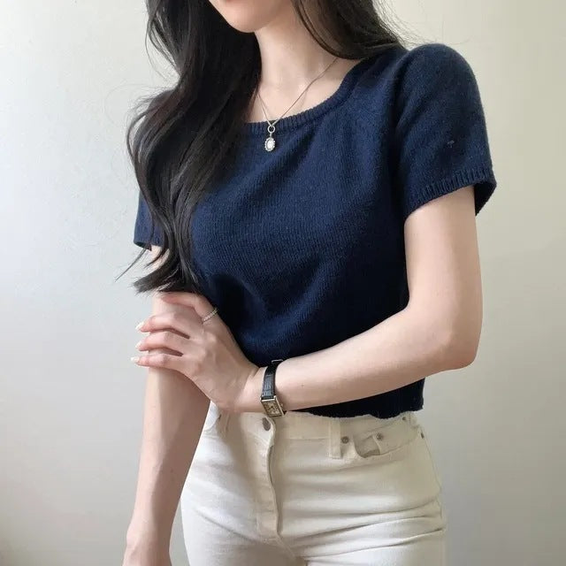 Square Collar Slimming Short-sleeved Sweater Top