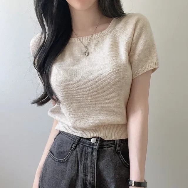 Square Collar Slimming Short-sleeved Sweater Top