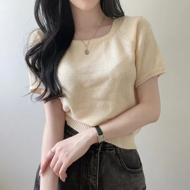 Square Collar Slimming Short-sleeved Sweater Top