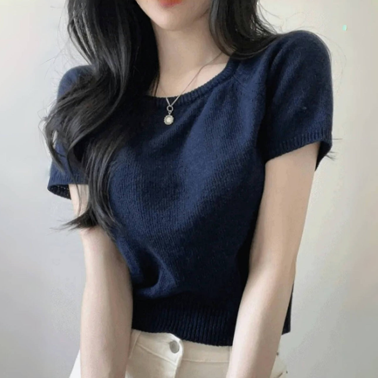 Square Collar Slimming Short-sleeved Sweater Top
