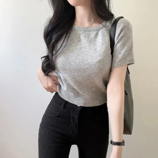 Square Collar Slimming Short-sleeved Sweater Top