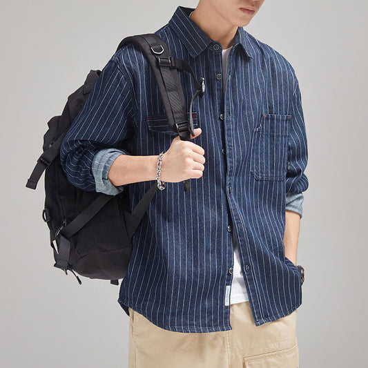 Men's Striped Denim Shirt Long Sleeve Japanese-style Retro