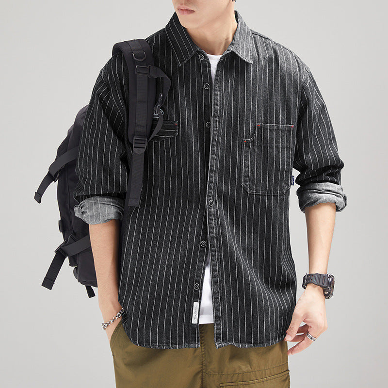 Men's Striped Denim Shirt Long Sleeve Japanese-style Retro