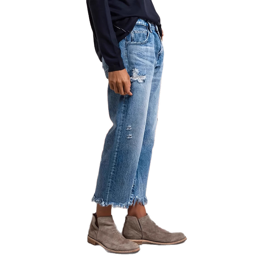 Women's Ripped Straight Stretch-free Jeans