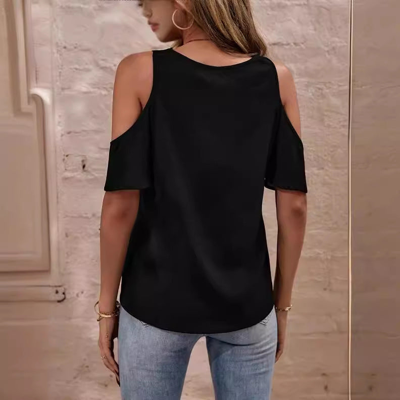 Eyelash Lace Edge V-neck Off-shoulder Short Sleeve Top T-shirt