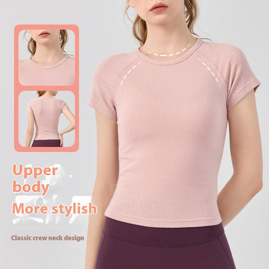 Yoga Clothing Top Women's Shoulder Round Neck Short Sleeve Base