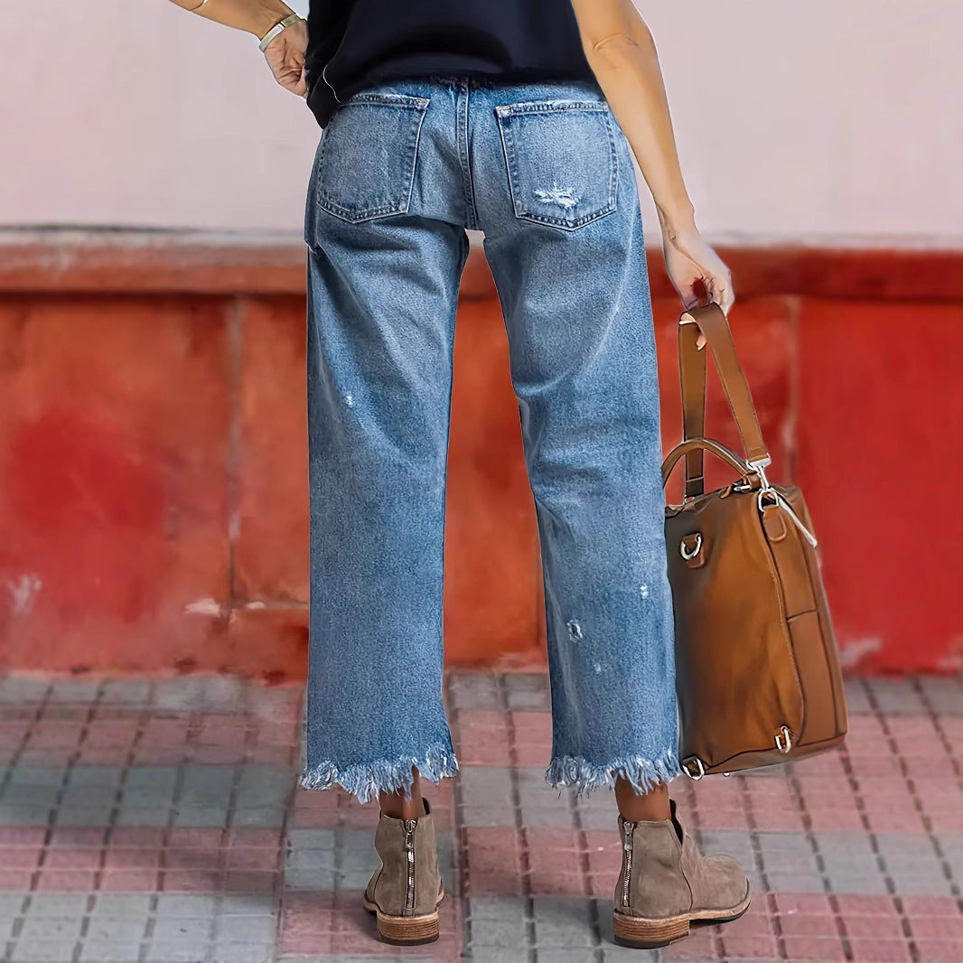 Women's Ripped Straight Stretch-free Jeans