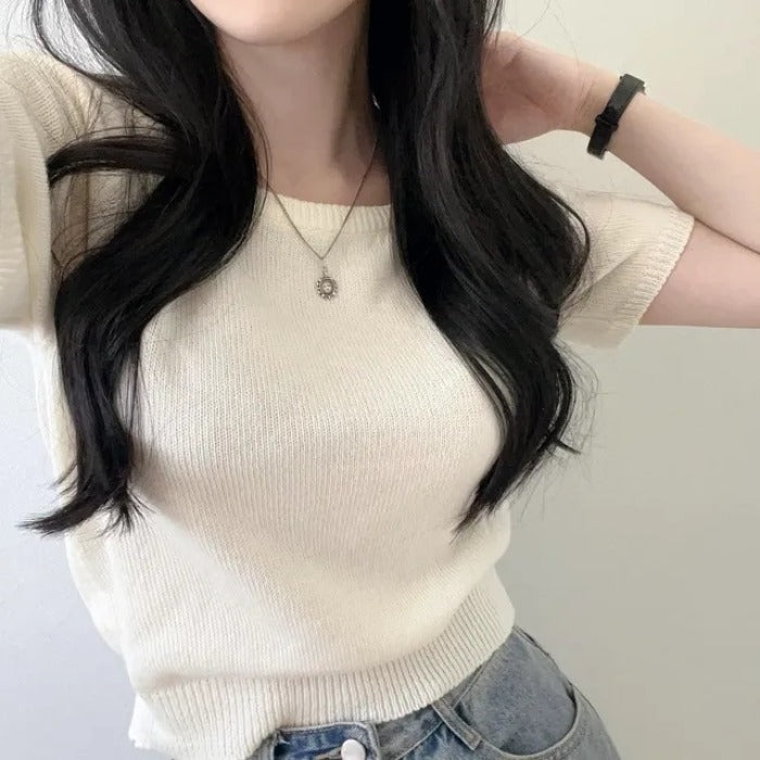 Square Collar Slimming Short-sleeved Sweater Top