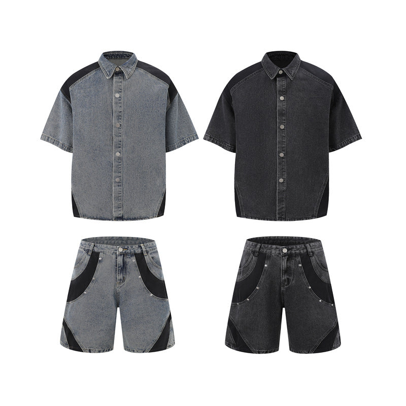 Retro Personalized Washed Short-sleeved Jeans Suit