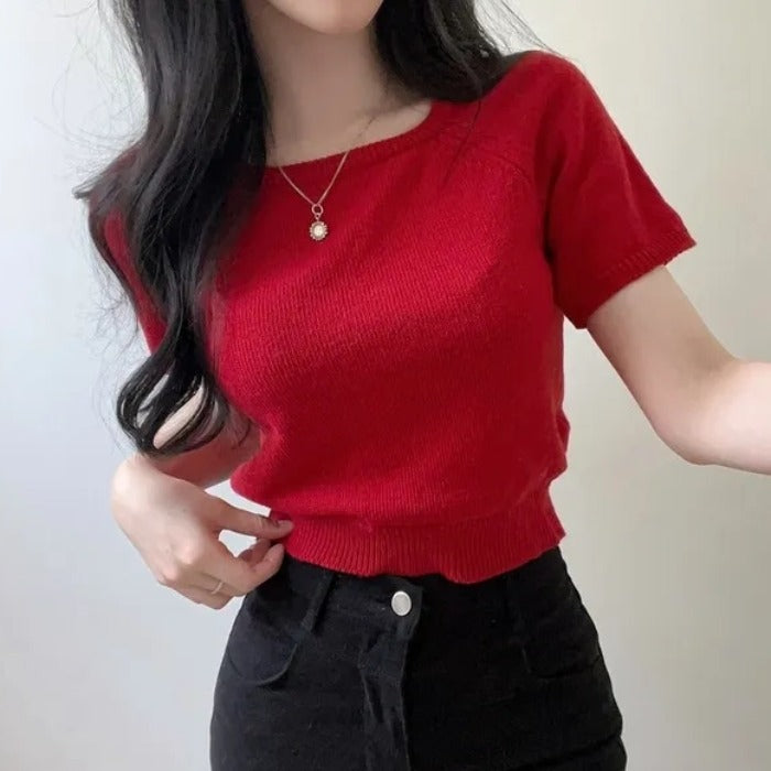 Square Collar Slimming Short-sleeved Sweater Top