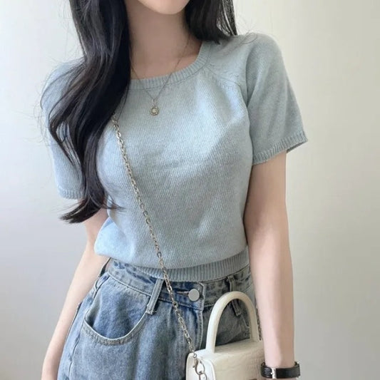 Square Collar Slimming Short-sleeved Sweater Top