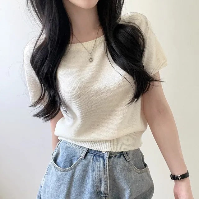 Square Collar Slimming Short-sleeved Sweater Top