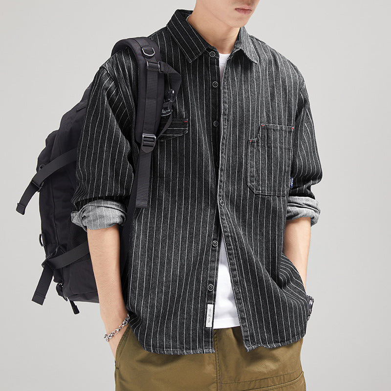 Men's Striped Denim Shirt Long Sleeve Japanese-style Retro