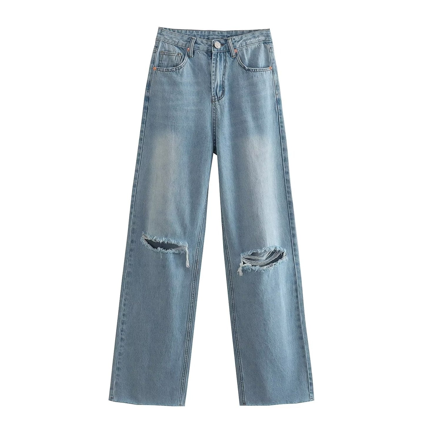 Women's Perforated Hole Decoration High Waist Wide Leg Jeans