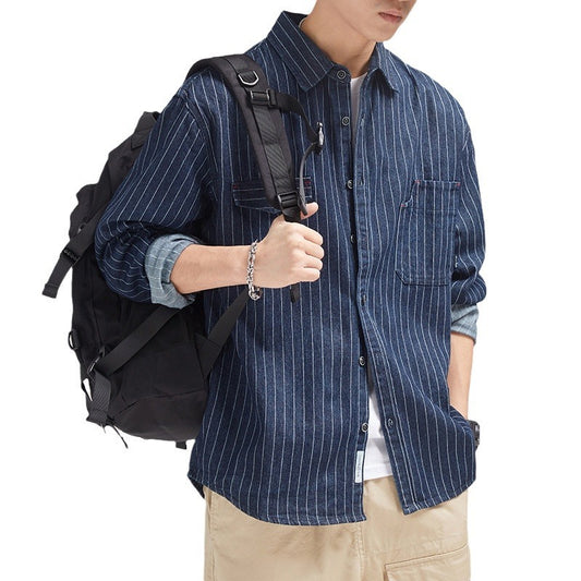 Men's Striped Denim Shirt Long Sleeve Japanese-style Retro