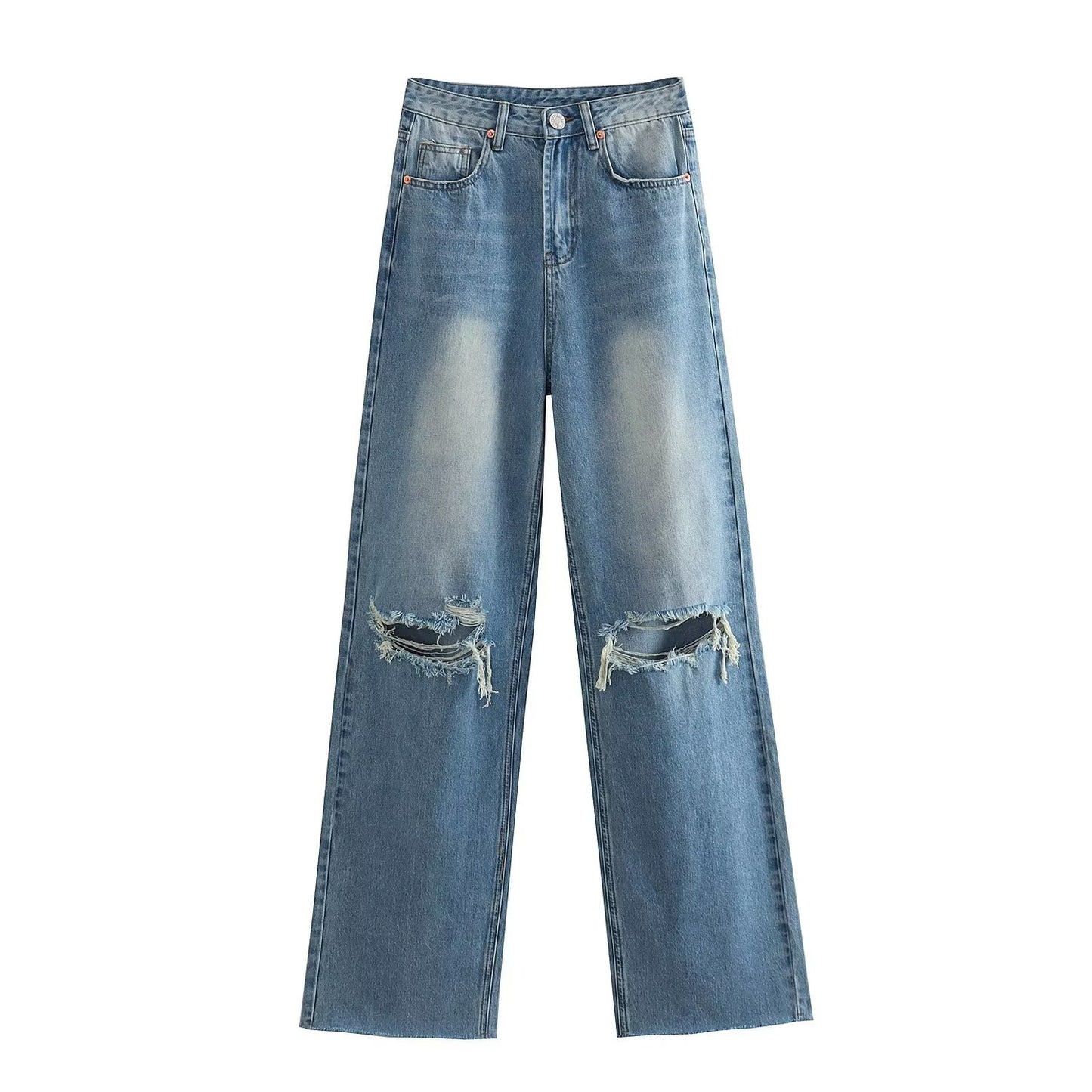Women's Perforated Hole Decoration High Waist Wide Leg Jeans